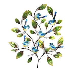 Christmas Sale: Fantails On Branches Metal Art Wall Hanging - Blue