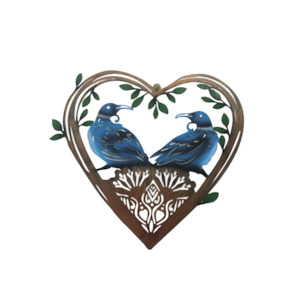 Pair of Tuis in Heart Metal Art Wall Hanging - bronze/blue