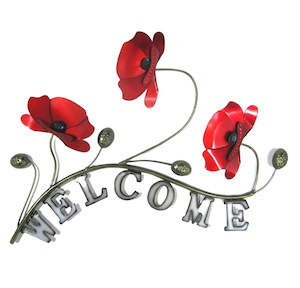 Poppies Metal Welcome Sign Wall Hanging Art - Red