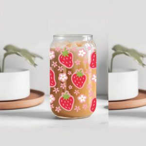 Strawberry & Daisy Glass Tumbler with Lid and Straw