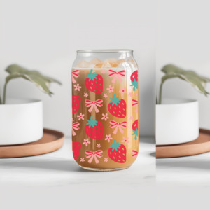 Coquette Pink Bow & Strawberry Glass Tumbler