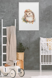 Wall Art Kids Room Decor - Watercolor Hedgehog & Flowers - Digital Download