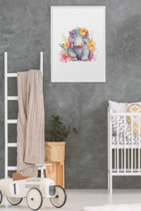 Wall Art Kids Room Decor - Watercolor Hippo & Flowers - Digital Download