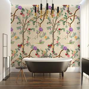 Bathroom Peel Stick: Parakeet Chinoiserie Removable Bathroom Wallpaper