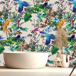 Bathroom Peel Stick: Birds of Paradise (neutral) Removable Bathroom Wallpaper