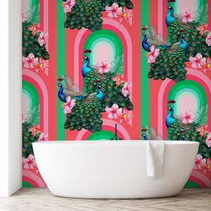 Peacocks in Miami Removable Bathroom Wallpaper