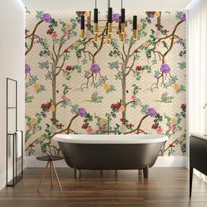 Bathroom Peel Stick: Parakeet Chinoiserie Removable Bathroom Wallpaper