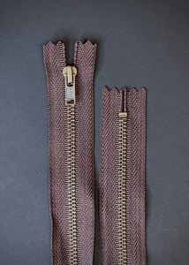 YKK Metal, Antiqued Brass, Closed End Zip - Dark Brown. 20cm