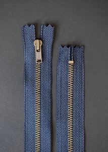 YKK Metal, Antiqued Brass, Closed End Zip - Navy. 20cm