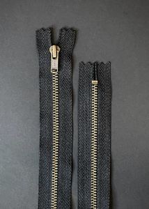 YKK Metal, Antiqued Brass, Closed End Zip - Black. 20cm