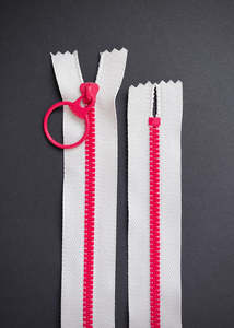 Haberdashery: Circular Pull Zip, Oyster + Red