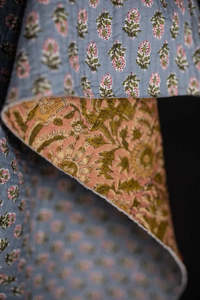Fabric: PRE ORDER. Quilted Hand Printed Cotton - Maricel Pinks/Phoebe Blues