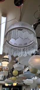1980s Lighting: Frosted Glass Etched Shade with Tassels.
