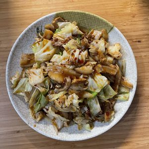 Spice pork belly with cabbage on rice
