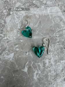 Glass Heart Earrings - Sea Green
