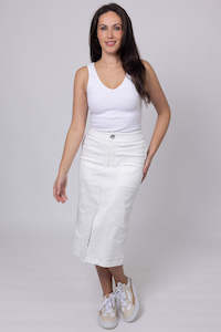 Skirts: HONEY DENIM - Claire Denim Midi Skirt White