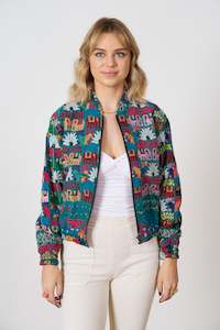 One of a Kind Hand Embroidered Green Bomber Jacket
