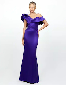Products: Asymmetric Satin Fishtail Gown with Sculpted Sleeve B7921L