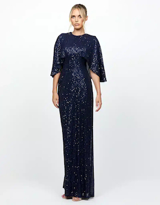Sequin High-Neck Gown with Cape Sleeves B7909L