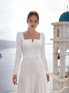 Minimalist flared wedding dress in ecological crepe with blouson sleeves and geo&hellip;