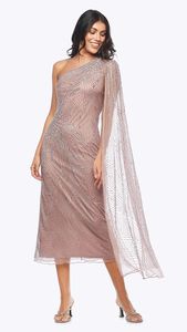 Beaded Dress with Draped Sleeve and One-Shoulder ZADR12