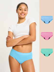 Moderate Absorbency: Teen Hipster Boyleg 3 Pack Moderate Jellybean Pink/Bubble Blue/Melon Green
