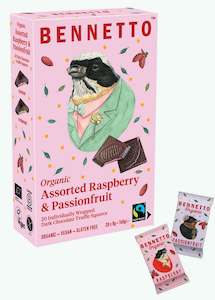 All Gifts: Bennetto assorted Raspberry & Passionfruit Dark Chocolate truffle squares- delicious gift