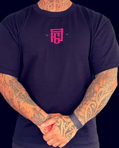 Shirts: Black heavy oversized Rng monogram tee (neon pink embroidery)