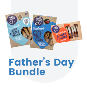 Cookies: Pack R Father's Day Bundle CTN
1 x GF Milk Choccy Chunk 185g
1 x Peanut Butter Choc Chunk 185g
1 x White Choc-dipped Ginger Fingers 165g