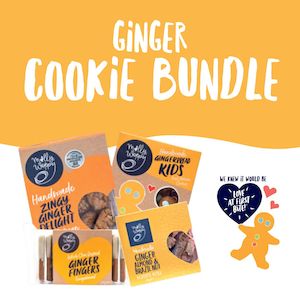 Cookie Care Bundles: GINGER LOVERS BUNDLE CTN
1 x Zingy Ginger
1 x G/B Kids
1 x White Choc-dipped G/FINGERS
1 x Ginger Biscotti