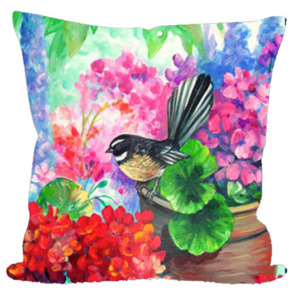 Gifts For Mum: NZ Artwork Cushion Cover - Fantail on Garden Pot
