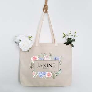 Tote Bags: Personalised Tote Bag - Bridesmaid Blue Floral