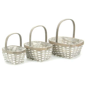 Chipwood Rectangular Fairy Tern Basket w/Handle Set/3 30Lx25Wx13Hcm - Grey/White