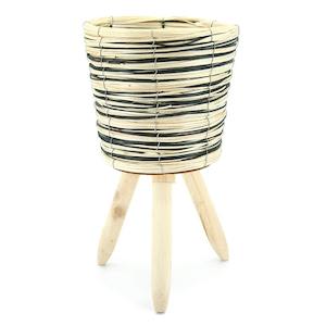 Oceans Baskets: Chipwood Round Atlantic Plant Stand w/Wood Legs 25TDx20BDx23Hcm - Natural/Black