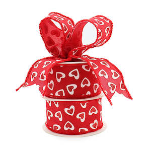 Oceans Ribbons: Fine Linen Hearts Ribbon Woven Edge 63mmx9m - Red/White
