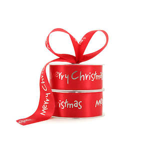 Oceans Ribbons: Satin Merry Xmas Ribbon Woven Edge 38mmx25m - Red/Silver