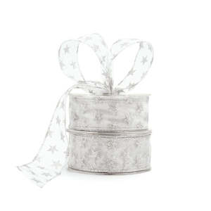 Organza Glitter Star Ribbon Wire Edge 38mmx20m - White/Silver