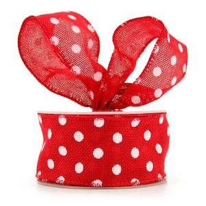 Oceans Ribbons Decorative Fabric Ribbon: Artificial Jute Printed Dots Ribbon Wire Edge 50mmx10m - Red