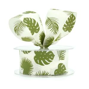Polyester Leaf Motif Ribbon Cut Edge 38mmx20m - White/Green
