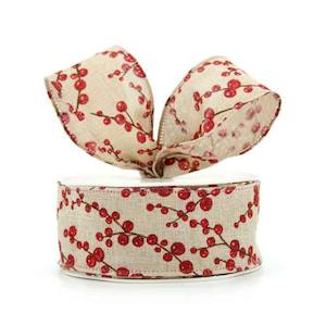 Oceans Ribbons Decorative Fabric Ribbon: Jute Berry Ribbon Wire Edge 38mmx10m - Red/Natural