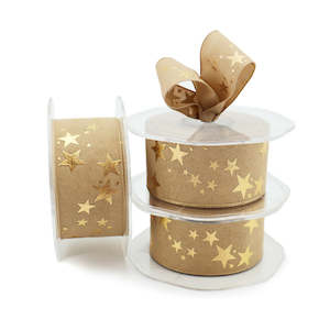 Nylon Xmas Star Ribbon Woven Edge 38mmx10m - Natural/Gold
