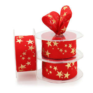 Nylon Xmas Star Ribbon Woven Edge 38mmx10m - Red/Gold