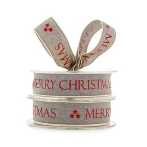 Christmas: Linen Merry Christmas Ribbon Woven Edge 25mmx20m - Grey/Red