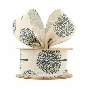 Oceans Ribbons Decorative Fabric Ribbon: Linen Printed Tree Ribbon Wire Edge 50mmx10m - Navy Blue/Cream