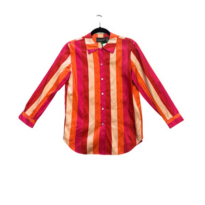 Jackets: LIZ CLAIRBORNE 100% silk orange pink stripe dress shirt P0525