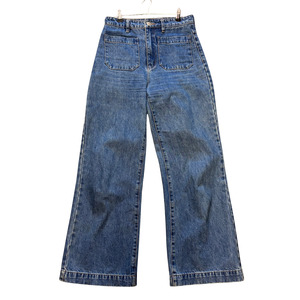 Pants: ROLLAS blue denim high waist wide leg pants with pocket detail P1125