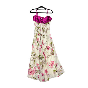 Dresses: PURPLE AND CREAM sleeveless dress with floral design and bow Y0126
