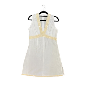 Dresses: Cotton White handmade Sequin trimmed Vneck Mini Dress P0226