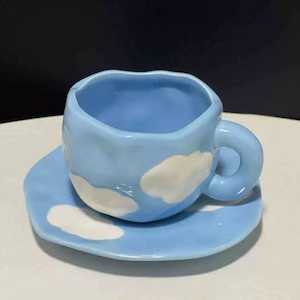Handmade clay mug - Sky with saucer