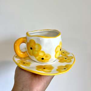 Artistic Homeware: Handmade Clay Mug - Yellow petals with saucer